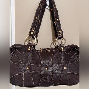 MAXX NY Leather Shoulder Bag. Deep Expresso Brown, Gold Accents, Dust Bag